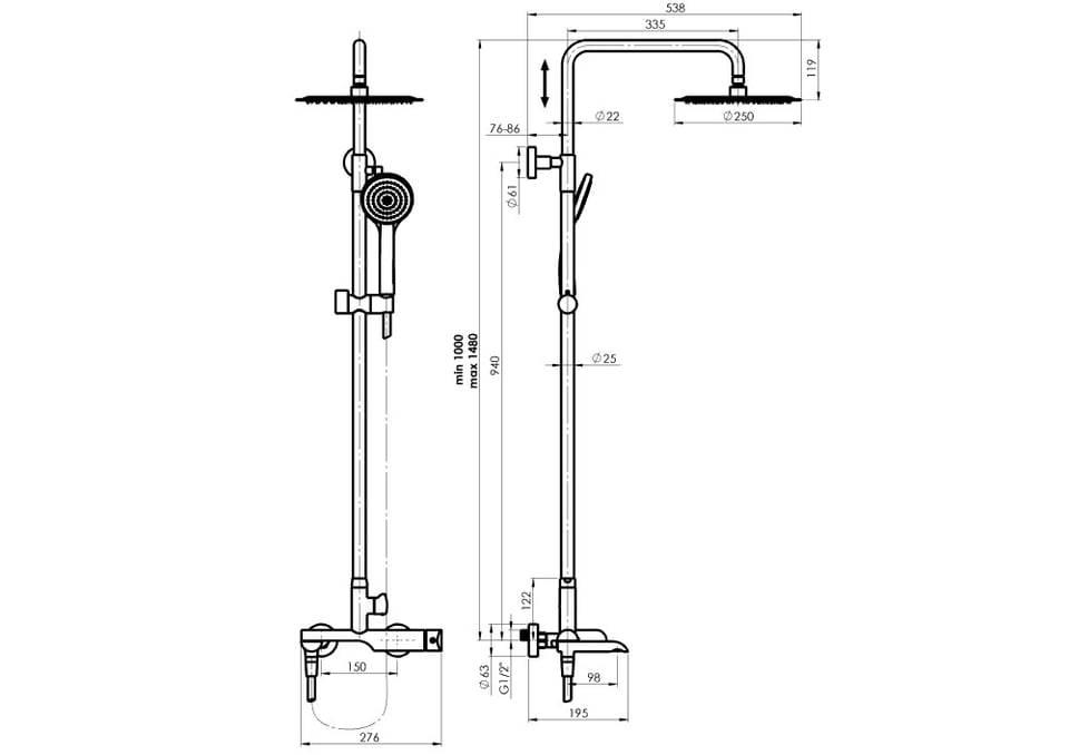 საშხაპე სისტემა შემრევით Rubineta OLO+ULTRA-10 SW Graphite DV3/4