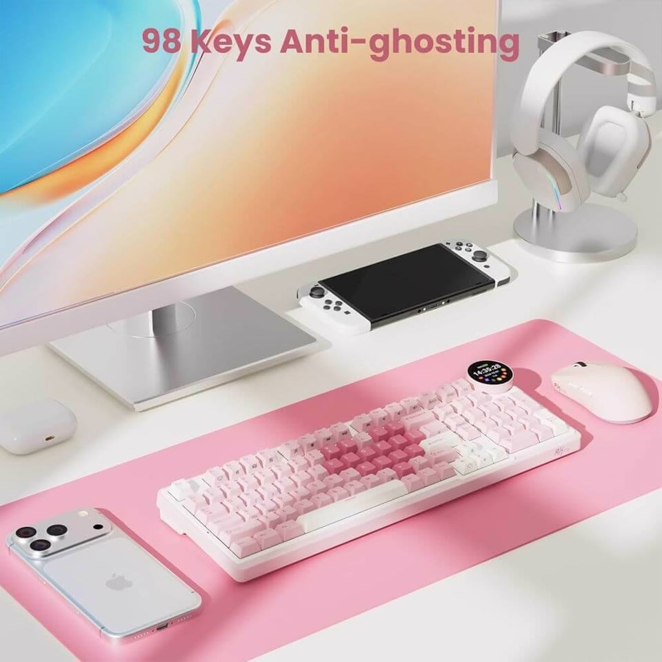 კლავიატურა Royal Kludge RKN99-PM-XH RGB Mechanical Keyboard, Cream Switch, Hot Swappable, Wireless, Type-C, Bluetooth, 2.4GHz, Pink Melody