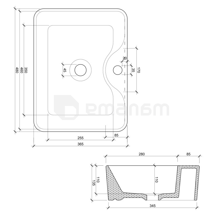 ხელსაბანი დასადები Elita Fiona 48x37