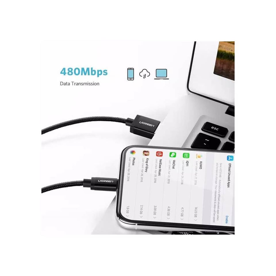 USB კაბელი UGREEN US291 (60156) USB 2.0 A to Apple Lightning Cable Nickel Plating Aluminum Braid 1m (Black)