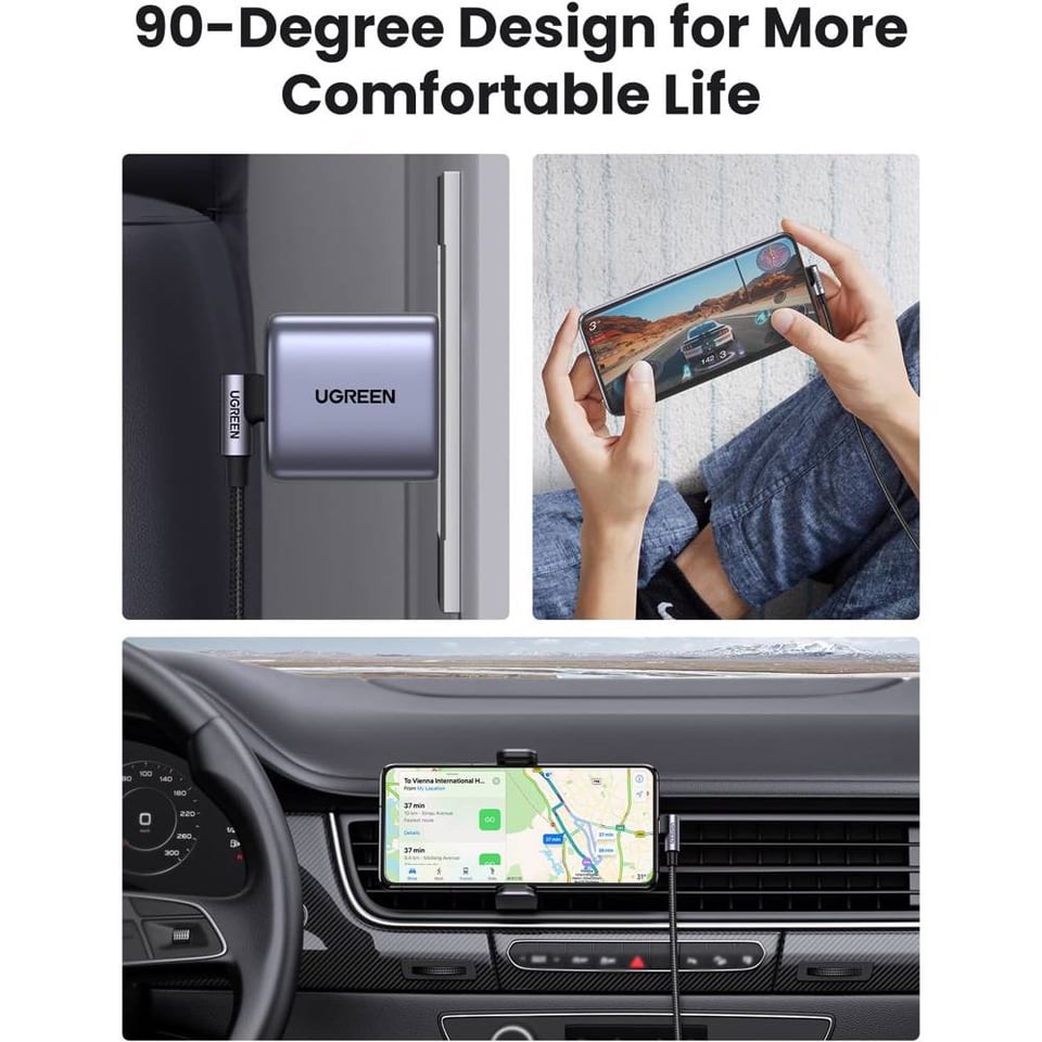 USB კაბელი UGREEN US255 (50122), 60W, Type-C to Angled Type-C Round, 0.5m, Grey