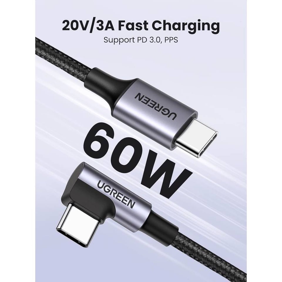 USB კაბელი UGREEN US255 (50123), 60W, Type-C to Angled Type-C Round, 1m, Grey
