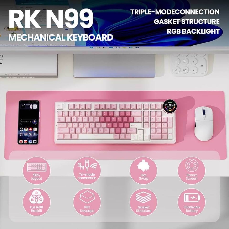კლავიატურა Royal Kludge RKN99-PM-XH RGB Mechanical Keyboard, Cream Switch, Hot Swappable, Wireless, Type-C, Bluetooth, 2.4GHz, Pink Melody