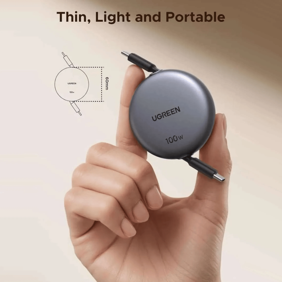 USB კაბელი UGREEN L531 (65905), 100W, Type-C to Type-C PD Fast Charging Retractable Cable, 1m, Grey/Black