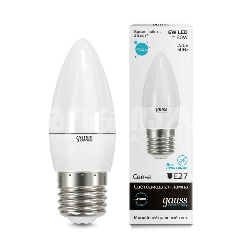 ლედ ნათურა Candle 6W E27 4100K gauss el - 33226