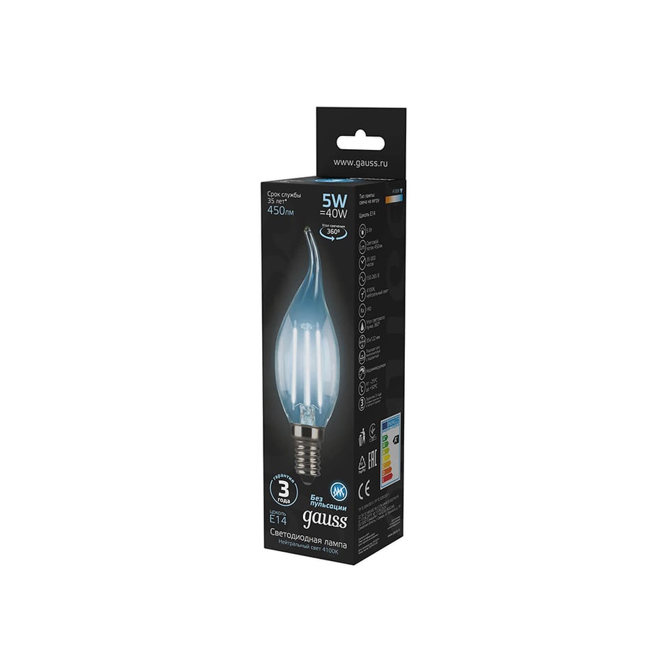 LED ნათურა Filament Candle Tailed E14 5W 4100K Gauss Black