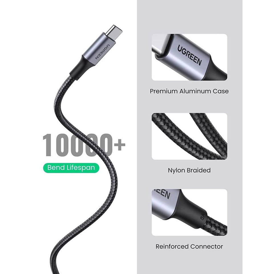 USB კაბელი UGREEN US316 (70427) 100W, Type-C to Type-C Fast Charging Cable, 1m, Black