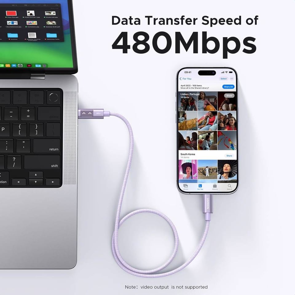 USB კაბელი UGREEN Uno L509 (65216), 100W, Type-C to Type-C Fast Charging Cable, 2M, Purple