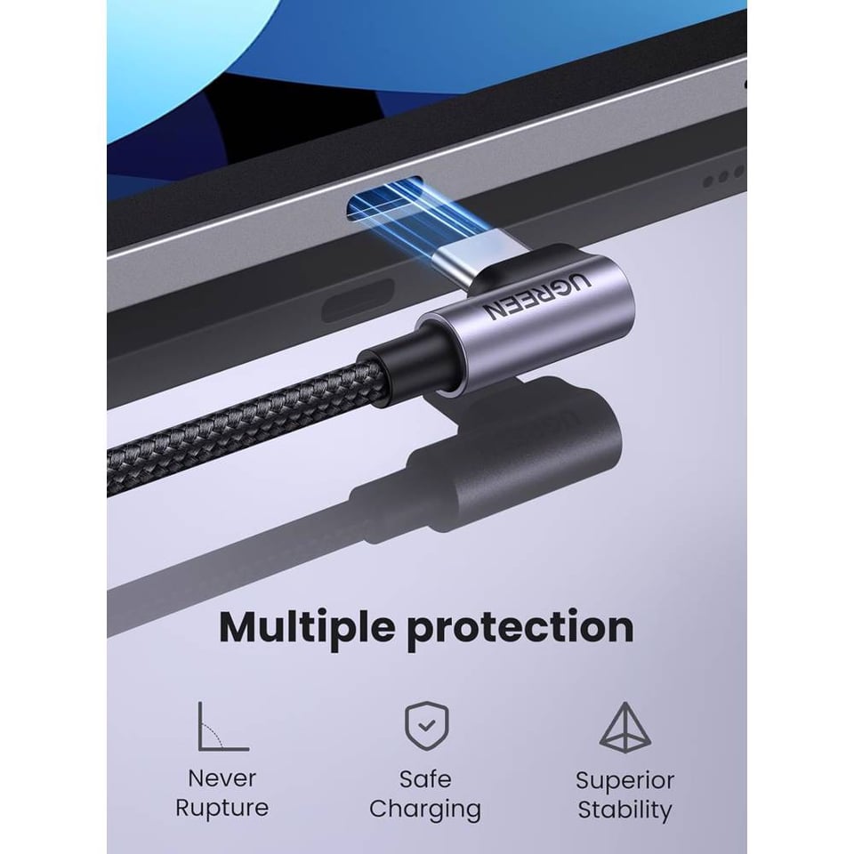 USB კაბელი UGREEN US255 (50123), 60W, Type-C to Angled Type-C Round, 1m, Grey