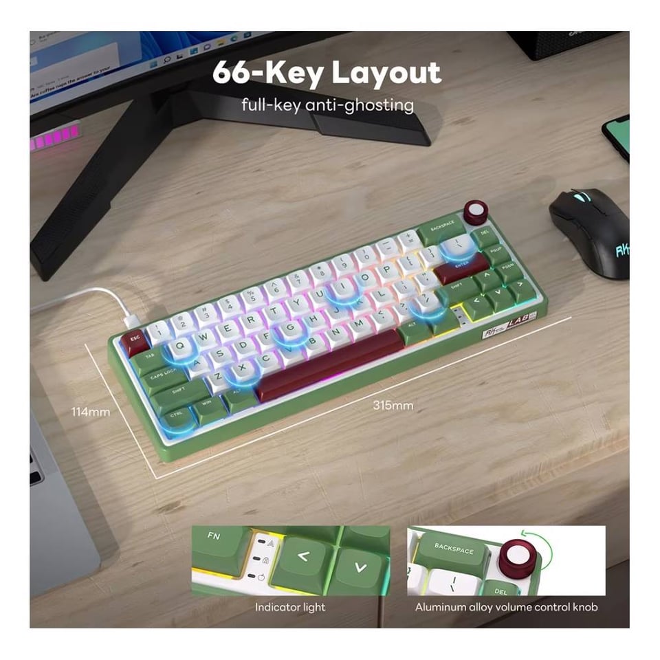 კლავიატურა Royal Kludge RK R65 RGB Mechanical Keyboard, Brown switch, Hot Swappable, Type-C wired, Green sand