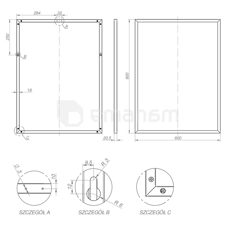 სარკე ჩარჩოთი Elita Black 60/80 19 მმ