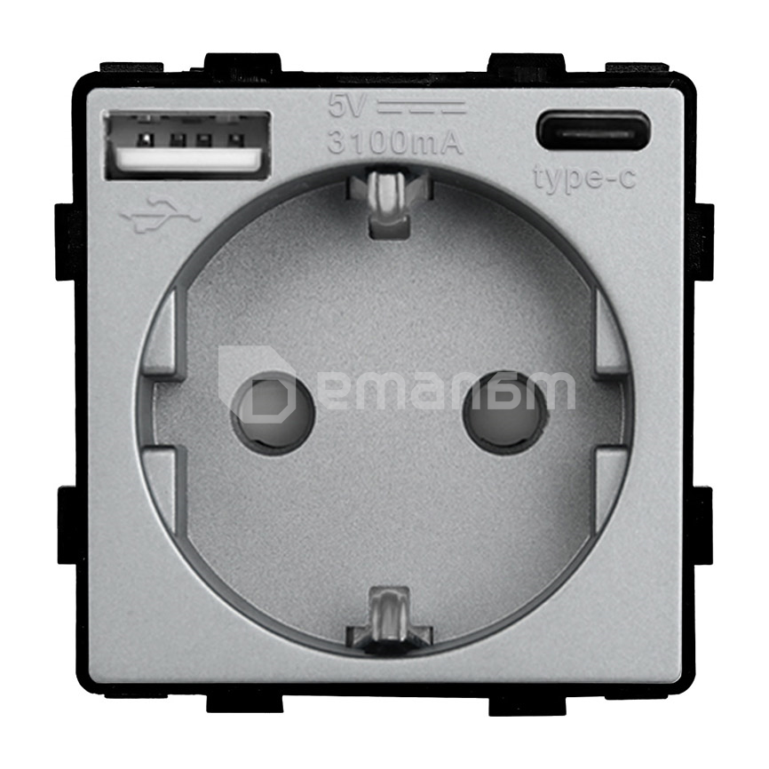 როზეტი ჩარჩოს გარეშე Socket Style 16A დამიწებით და შტორებით USB A C 3.1A 20W ნაცრისფერი