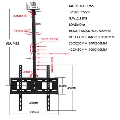 ტელევიზორი საკიდი ჭერზე ALLSCREEN TV Ceiling Mount Bracket CTC3255 TV SIZE: 32"-55"