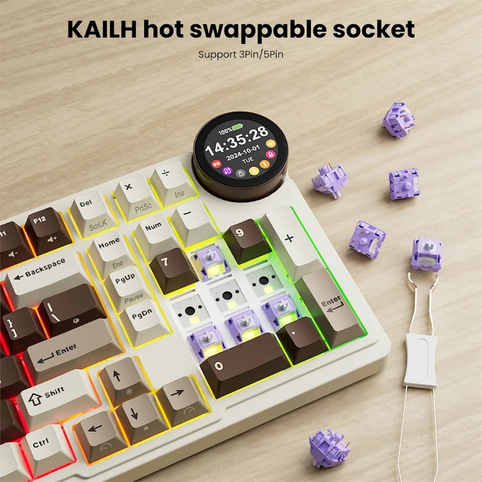 კლავიატურა Royal Kludge RK N99 RGB Mechanical Keyboard, Violet Switch, Hot Swappable, Wireless, USB, Bluetooth, 2.4GHz, Mocha Grey