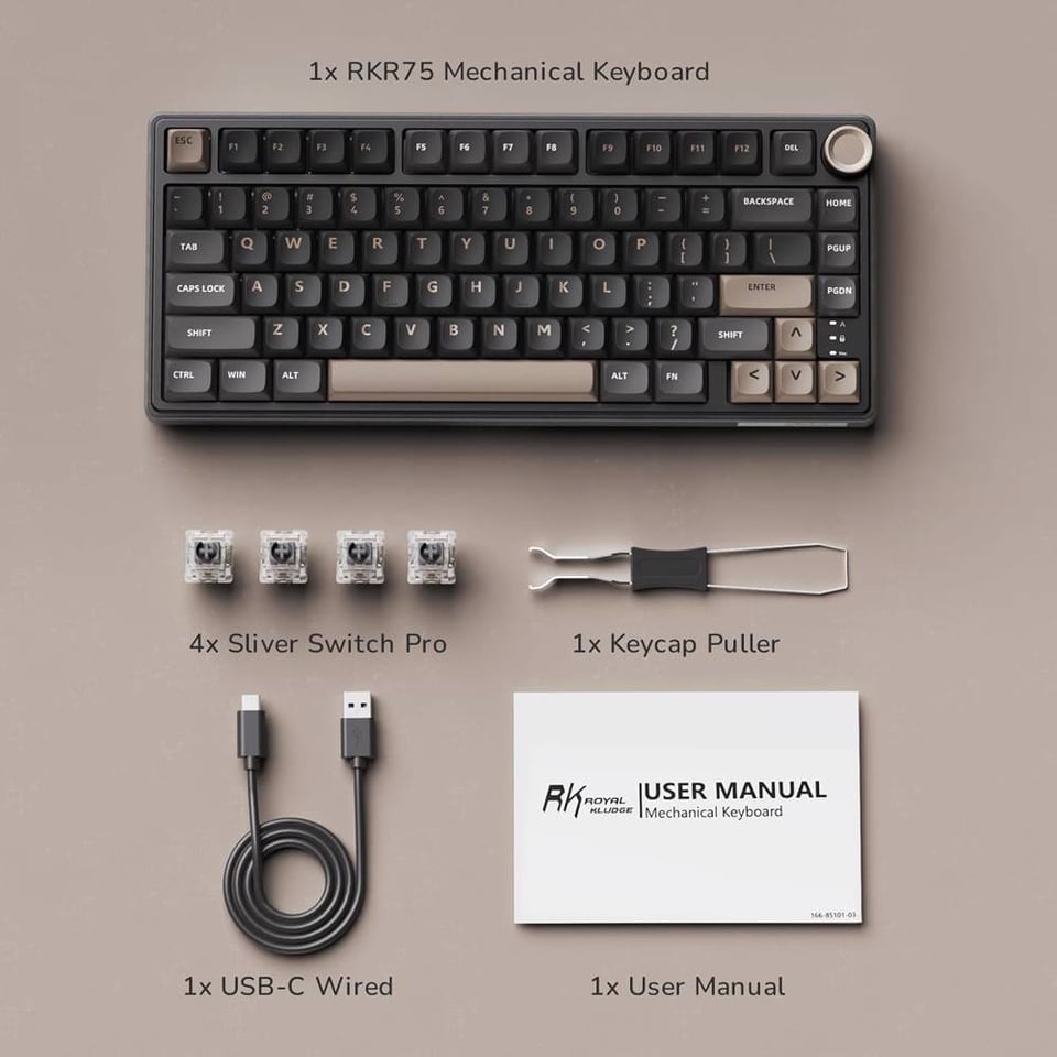 კლავიატურა Royal Kludge RK R75 RGB Mechanical Keyboard, Brown switch, Hot Swappable, Type-C wired, Phantom