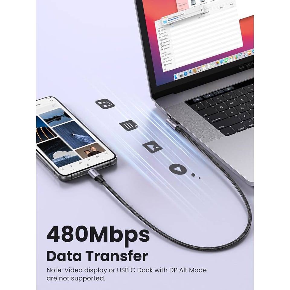 USB კაბელი UGREEN US255 (50122), 60W, Type-C to Angled Type-C Round, 0.5m, Grey