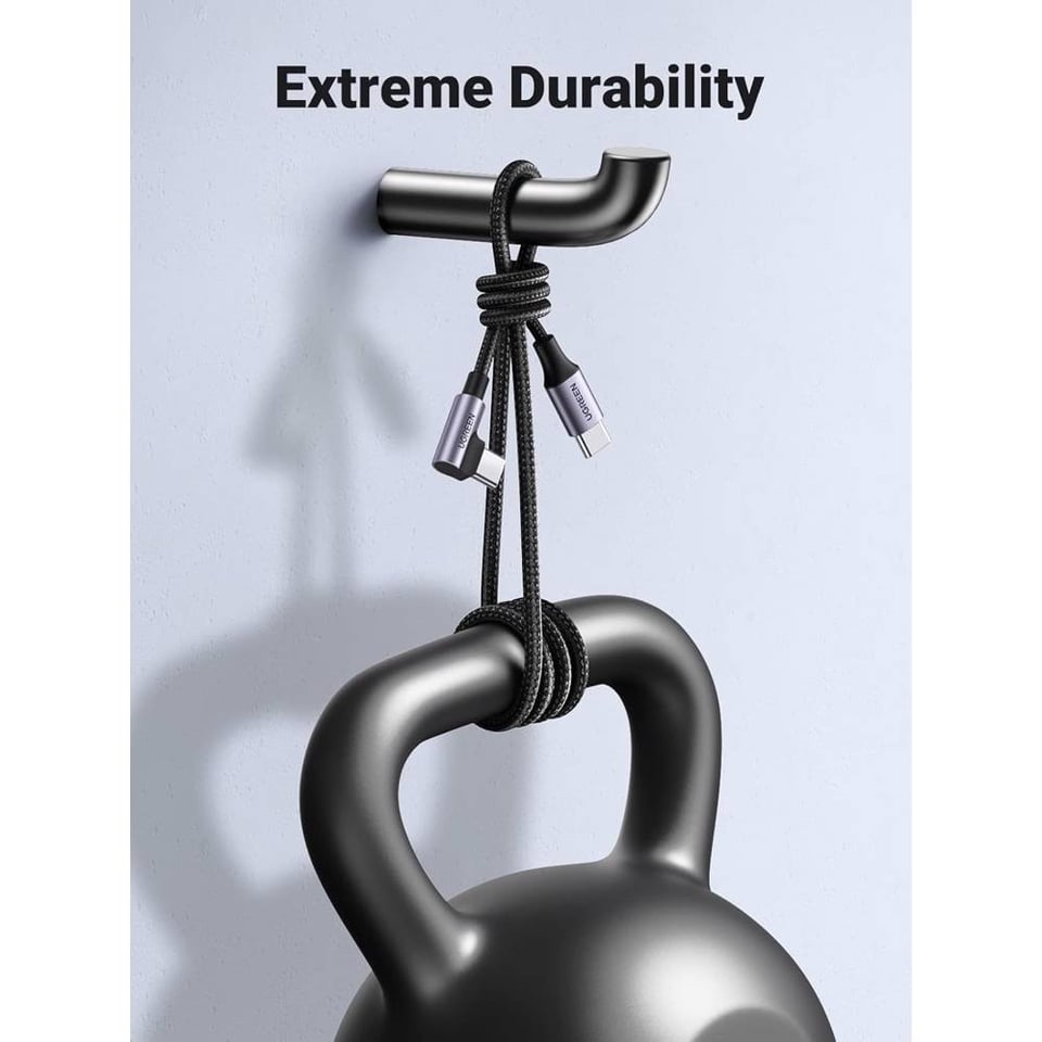 USB კაბელი UGREEN US255 (50122), 60W, Type-C to Angled Type-C Round, 0.5m, Grey