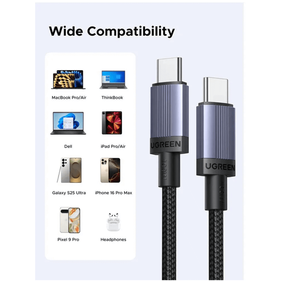USB კაბელი UGREEN L528 (65833), 100W, Type-C to Type-C Cable, 2m, Grey/Black