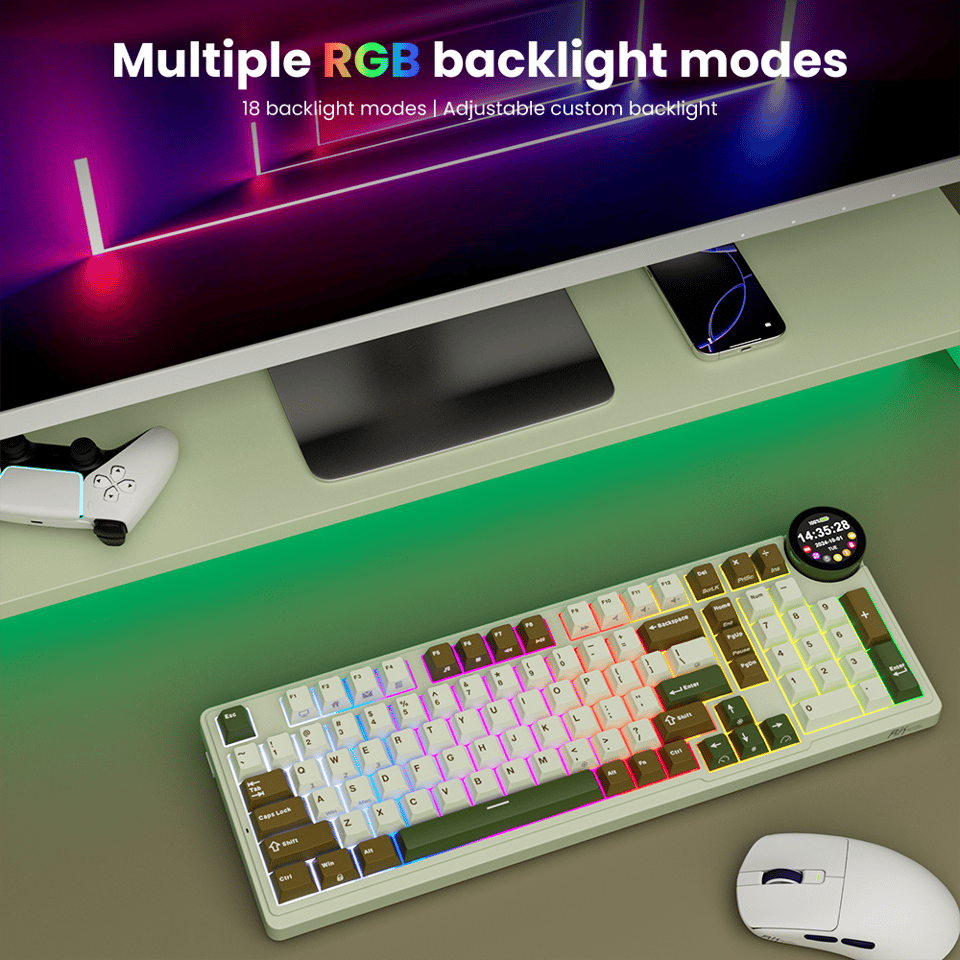კლავიატურა Royal Kludge RK N99 RGB Mechanical Keyboard, Cream Switch, Hot Swappable, Wireless, USB, Bluetooth, 2.4GHz, Palm Green