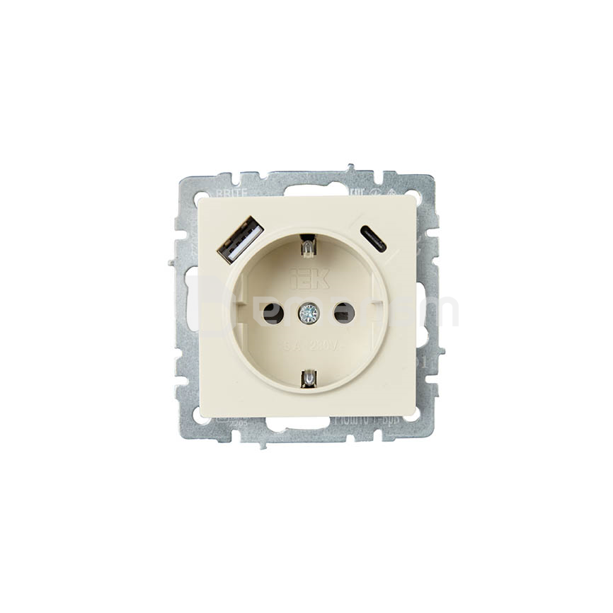 როზეტი IEK BRITE 16A USB A C Rush11-1-BrB დამიწებით ჩარჩოს გარეშე