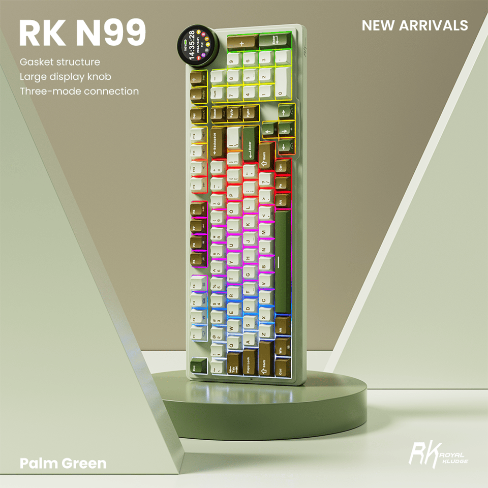 კლავიატურა Royal Kludge RK N99 RGB Mechanical Keyboard, Cream Switch, Hot Swappable, Wireless, USB, Bluetooth, 2.4GHz, Palm Green