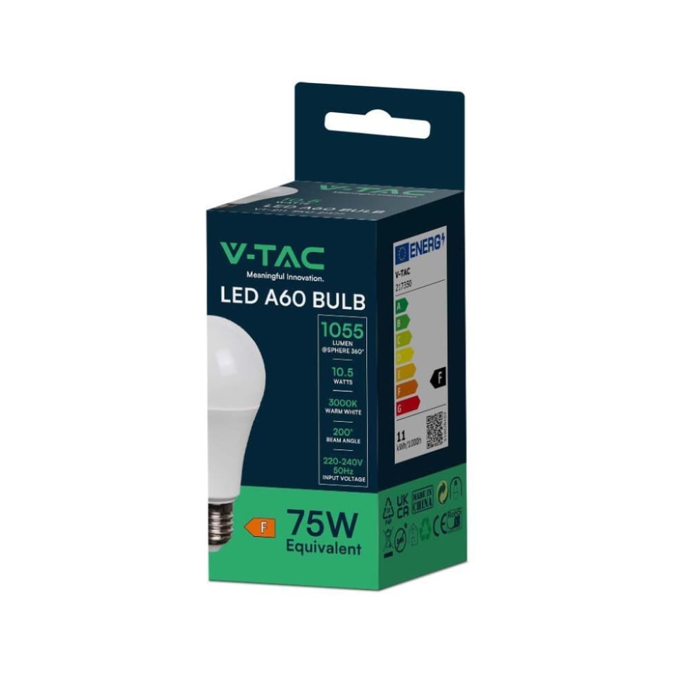 ნათურა LED V-TAC E27 10.5W 217350 A60 3000K