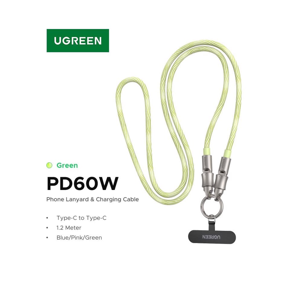 USB კაბელი UGREEN L508 (35500), 60W, Type-C To Type-C PD Fast Charging Lanyard Cable, 1.2m, Green