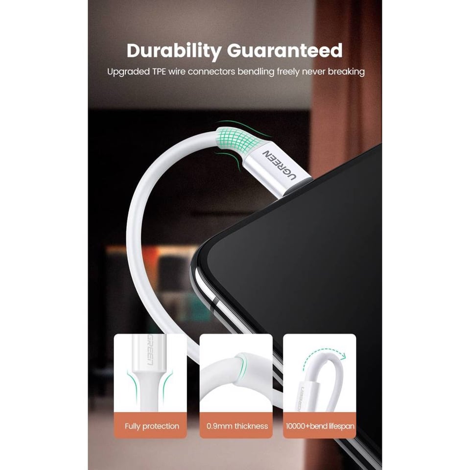 USB კაბელი UGREEN US155 (80822), MFi, USB to Lightning, 1m, Black