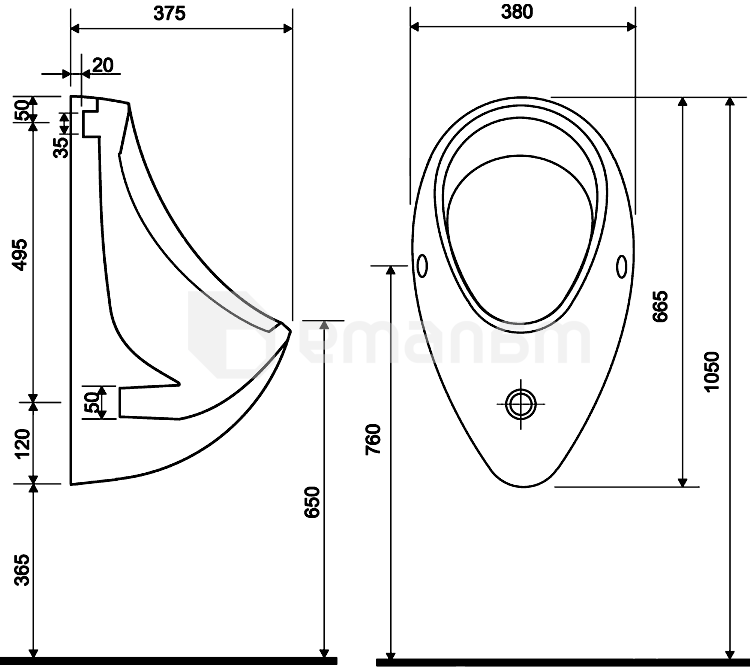 პისუარი Cersanit Taurus P-PI-T100 წყლის უკანა დაერთებით