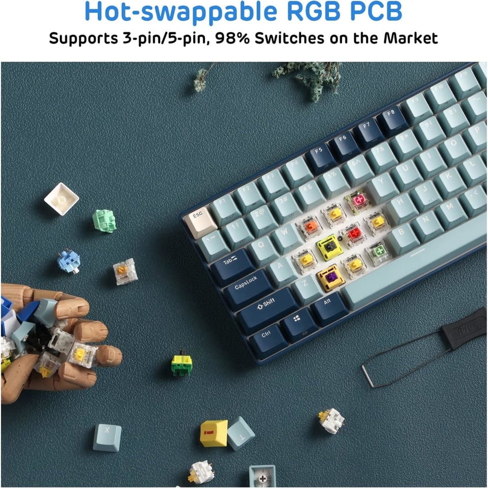 კლავიატურა Royal Kludge RK96 Mechanical Keyboard, Red switch, Hot Swappable, Wireless, USB Type-C, 2.4 GHz, Bluetooth, Forest Blue