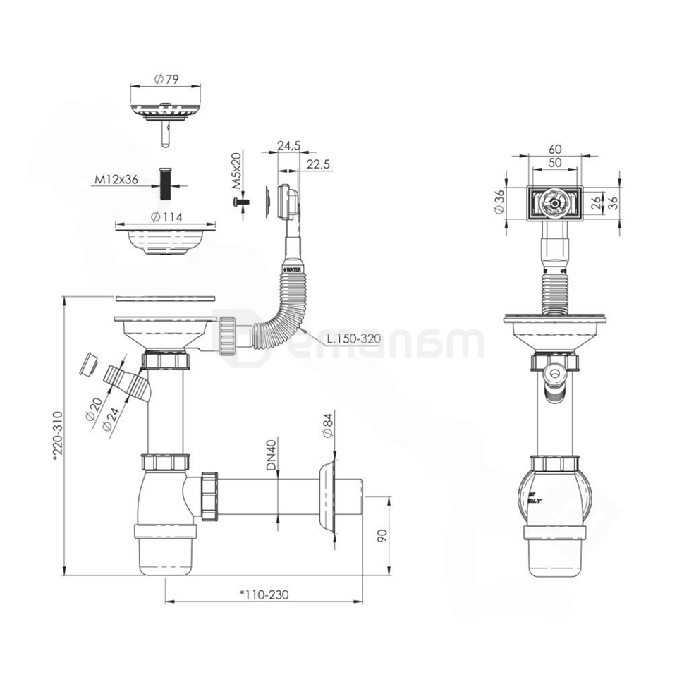 სამზარეულოს ნიჟარის სიფონი დიდი ერთიანი გადასხმით Tycner 2663