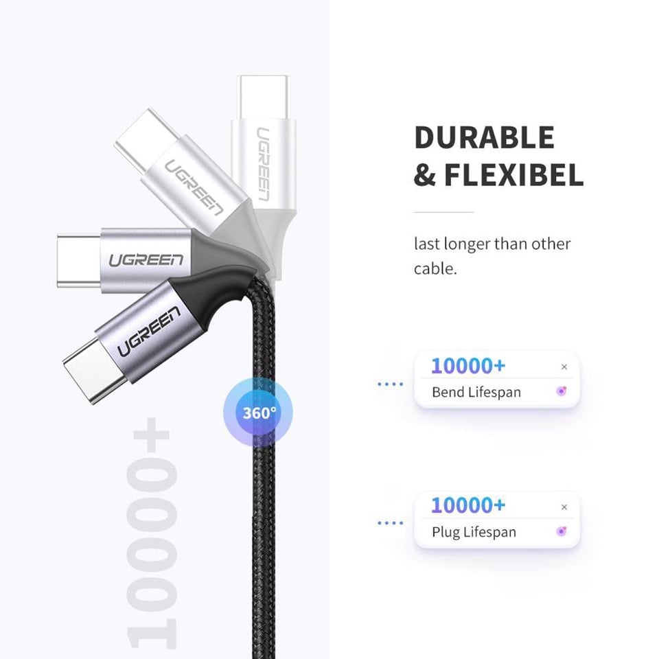 USB კაბელი UGREEN 50152 USB 2.0 C M/M Round Cable Nickel Plating Aluminum Shell 2m (Gray Black)