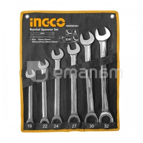 ქანჩის გასაღები ნაკრები ჭრიალა თავებით Ingco HKSPAR1061 19-32 მმ 6 ც.