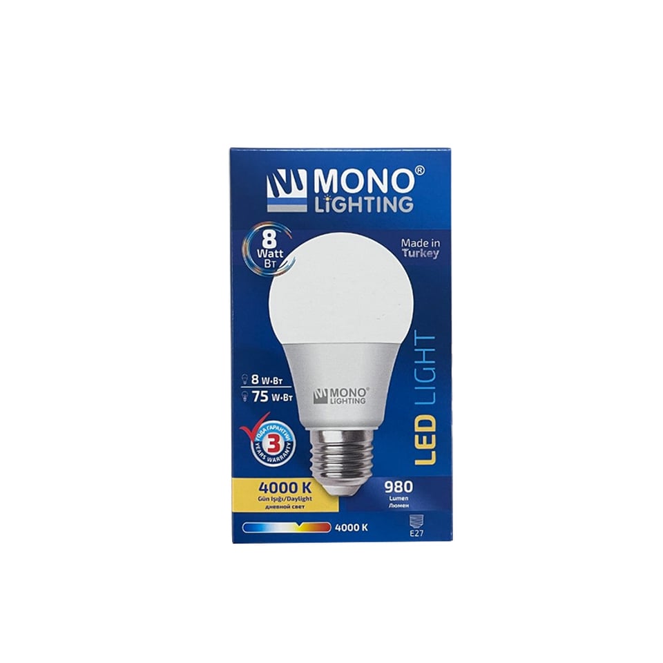 ლედ ნათურა 8W E27 4000K - MONO