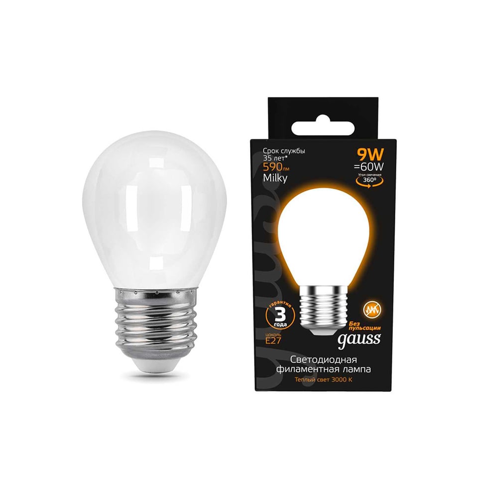 LED ნათურა Filament Ball 9W 3000K Е27 Gauss Black Milky