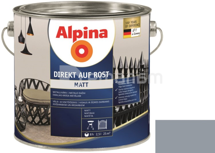 ემალი ანტიკოროზიული Alpina Direkt Auf Rost Matt მოვერცხლისფრო ნაცრისფერი 2.5 ლ