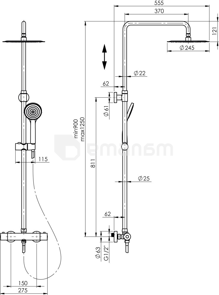 საშხაპე სიტემა Rubineta Olo Thermo 15 Chrome თერმოსტატით 625047