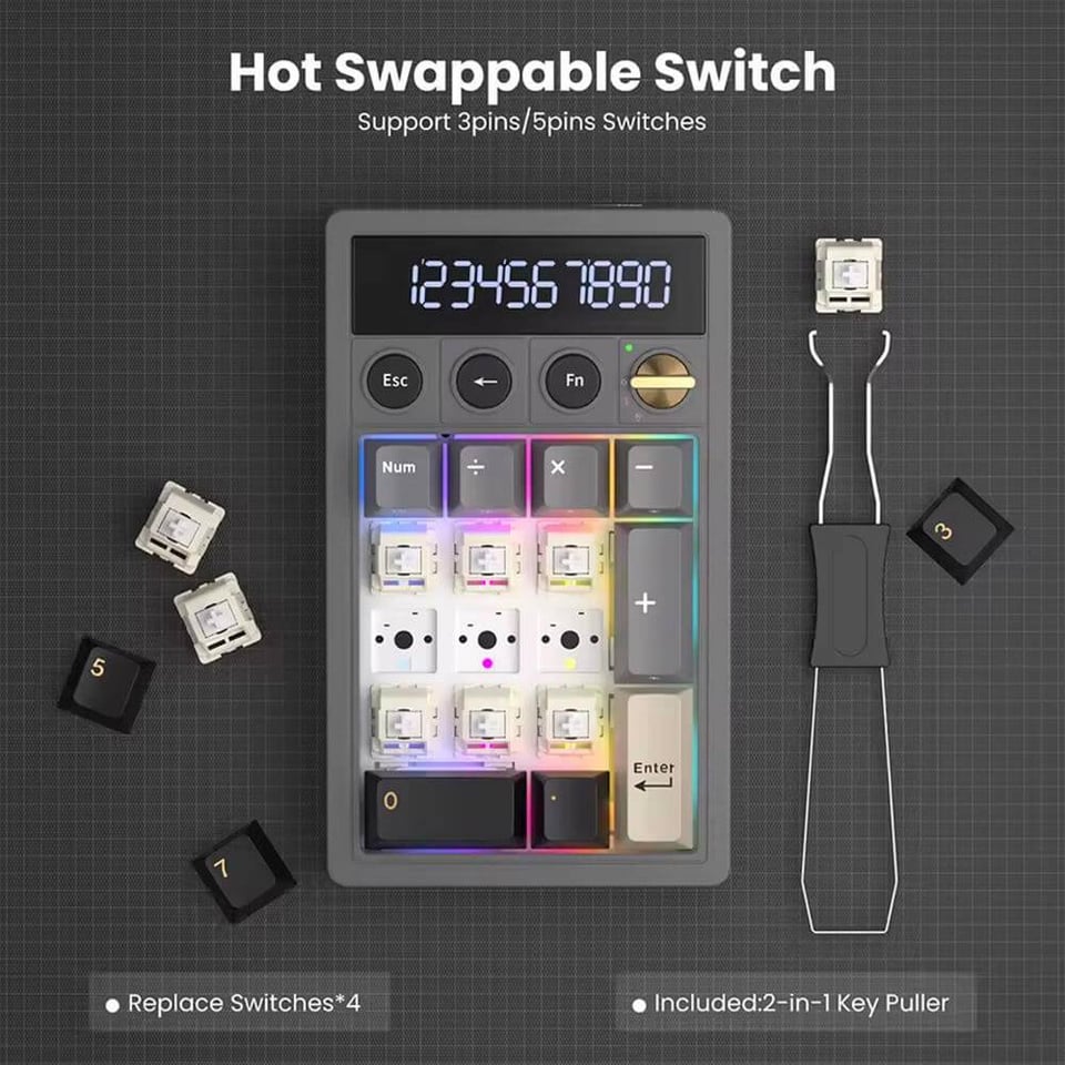 კლავიატურა Royal Kludge RKM20-PT-YXZ RGB Mechanical Numpad, Violet Switch, Hot Swappable, Wireless, Type-C, Bluetooth, 2.4GHz, Phantom