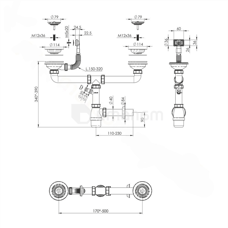 სამზარეულოს ნიჟარის სიფონი დიდი ორიანი გადასხმით Tycner 2662