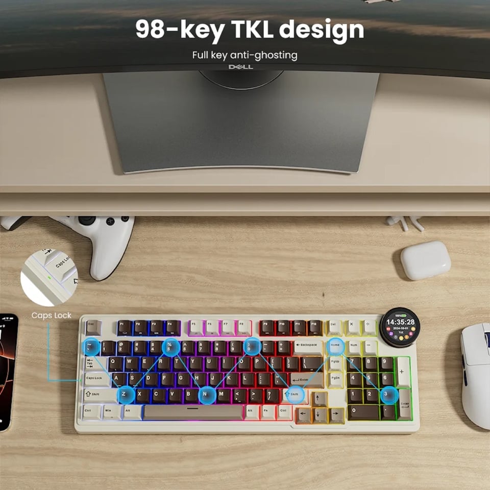 კლავიატურა Royal Kludge RK N99 RGB Mechanical Keyboard, Violet Switch, Hot Swappable, Wireless, USB, Bluetooth, 2.4GHz, Mocha Grey