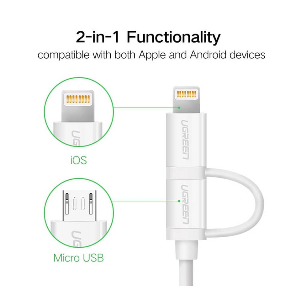 USB კაბელი UGREEN US178 (20876), USB to Lightning/Micro USB, 1m, White