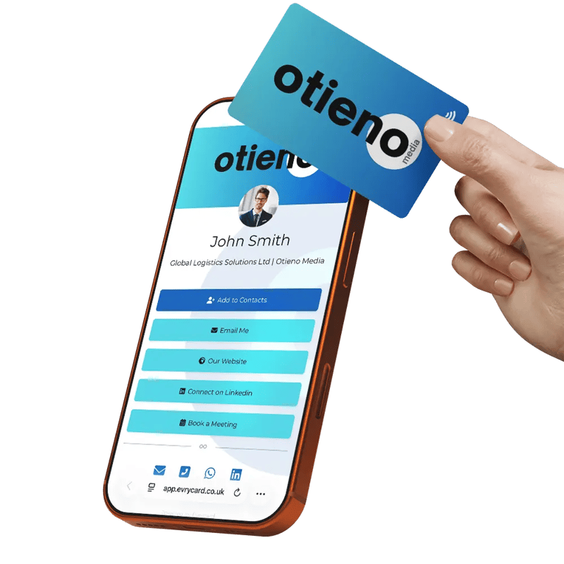 Close-up of an iPhone screen showing a digital business card being tapped to share contact details.