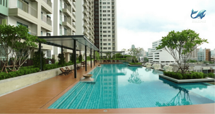Expansive swimming pool area with lush greenery and lounge chairs