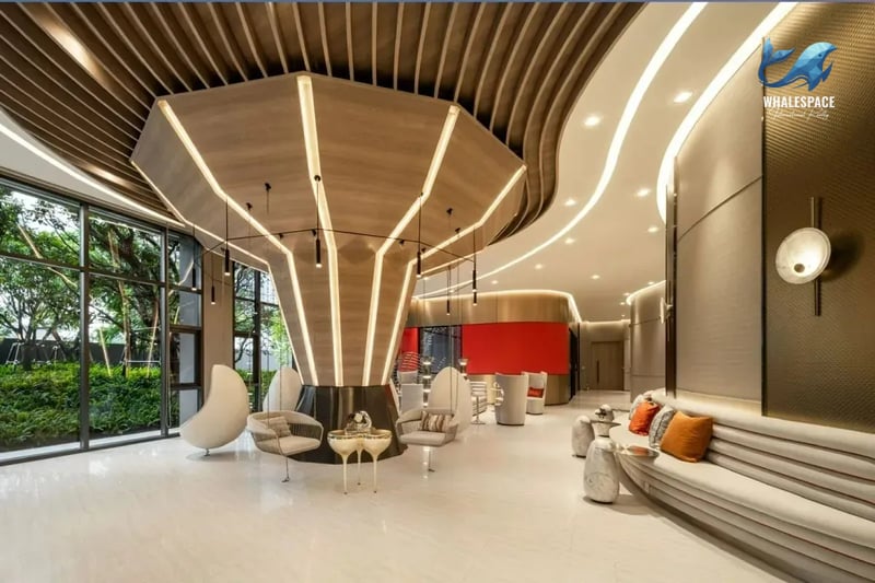 Luxurious lobby with unique architectural features and comfortable seating areas