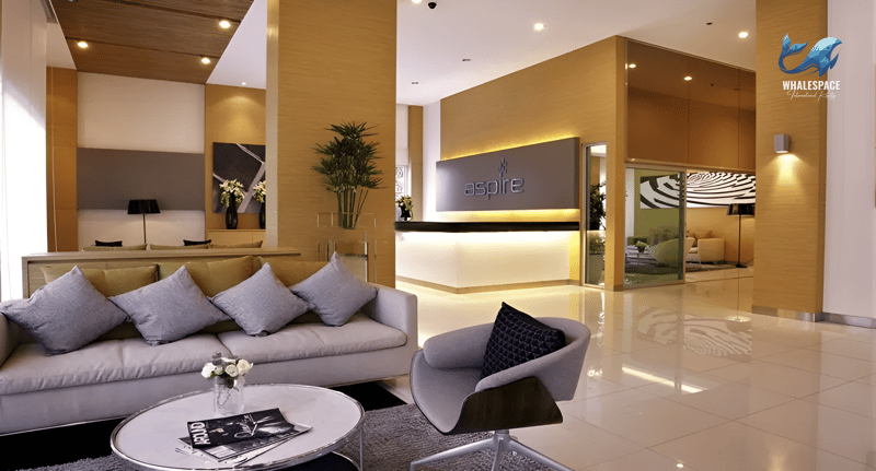 Elegant lobby with comfortable seating and a sleek reception desk