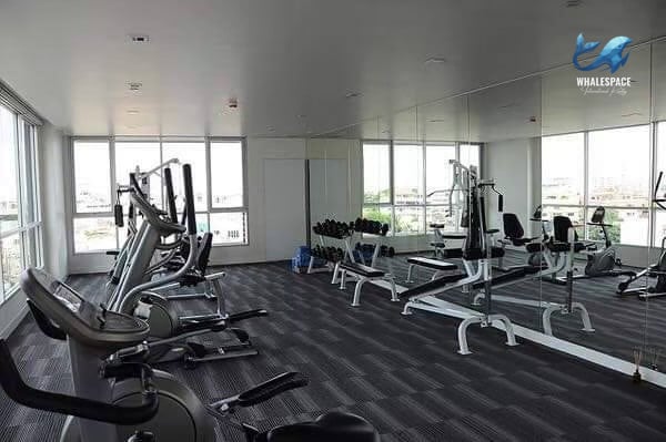 Well-equipped fitness center with cardio machines, free weights, and mirrored walls offering city views