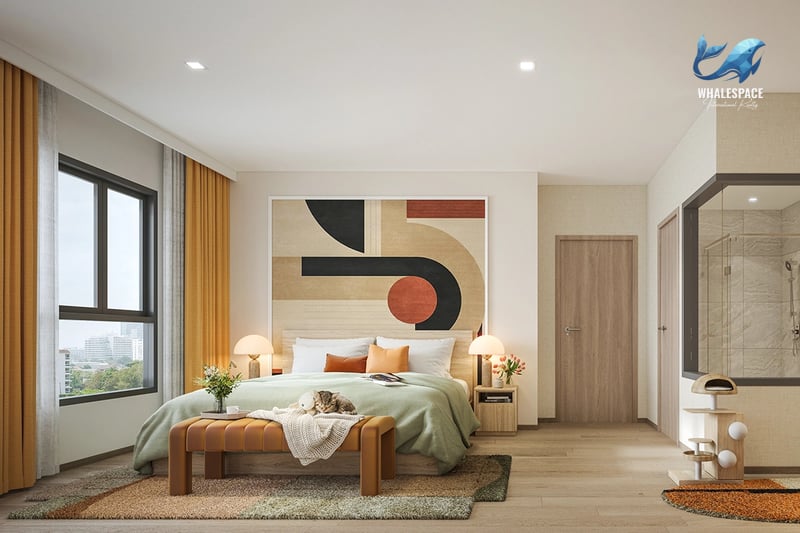 Serene master bedroom featuring a king-size bed, modern artwork, and large windows with city vistas.