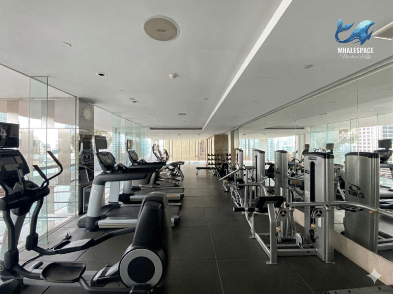 Modern fitness center with a range of exercise equipment and mirrored walls
