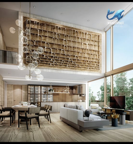 Double-height living area with a large artistic wall feature and floor-to-ceiling windows
