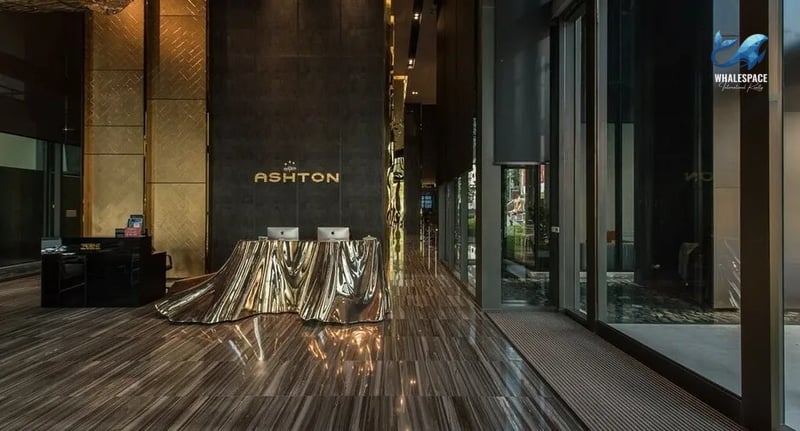Grand reception area with a decorative desk and luxurious finishes